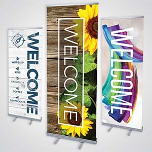 Church Banners: Two sizes of retractable banners available in hundreds of designs
