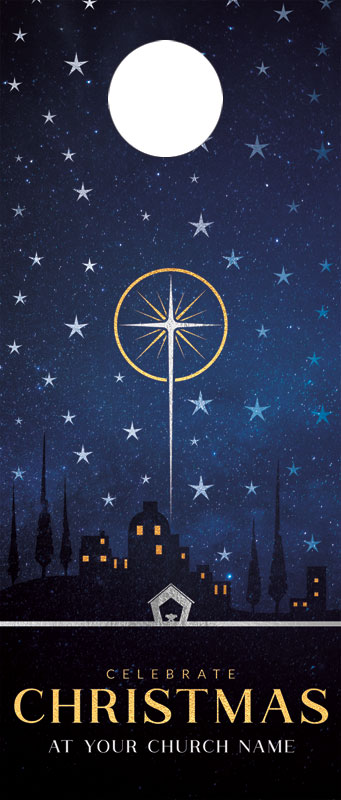 Door Hangers, Christmas, Bethlehem Christmas Star, Standard size 3.625 x 8.5, with 3 per 8.5 x 11 sheet