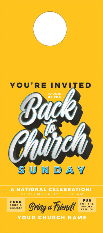 Door Hangers, Back To Church Sunday, Back to Church Sunday Celebration, Standard size 3.625 x 8.5, with 3 per 8.5 x 11 sheet