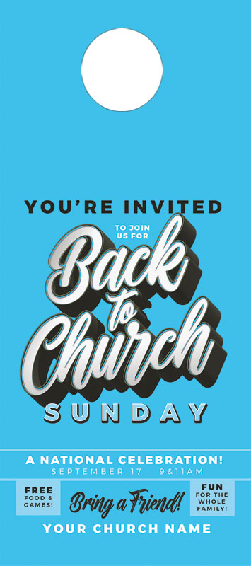 Door Hangers, Back To Church Sunday, Back to Church Sunday Celebration Blue, Standard size 3.625 x 8.5, with 3 per 8.5 x 11 sheet