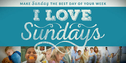 Church Postcards, I Love Sundays, I Love Sundays Blue XLarge Postcard, 5.5 x 11
